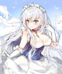  animal apron azur_lane bangs belfast_(azur_lane) bird black_choker black_dress blue_sky blush braid breasts chain choker cleavage cloud collarbone day dress elbow_gloves eyebrows_visible_through_hair gloves hair_between_eyes large_breasts long_hair looking_at_viewer maid maid_apron maid_headdress outdoors parted_lips pingo purple_eyes silver_hair sketch skirt_hold sky solo very_long_hair white_apron white_gloves 