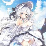  animal arm_up azur_lane bangs bird blue_eyes blue_sky blush breasts cleavage cloud day dress elbow_gloves eyebrows_visible_through_hair garter_straps gloves hair_between_eyes hat head_tilt illustrious_(azur_lane) large_breasts long_hair looking_at_viewer outdoors parted_lips pingo silver_hair sketch sky solo strapless strapless_dress thighhighs very_long_hair white_dress white_gloves white_hat white_legwear 