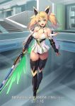  bangs bare_shoulders blonde_hair breasts cleavage commentary copyright_name cuboon dress elbow_gloves eyebrows_visible_through_hair full_body gene_(pso2) gloves green_hair hair_ornament holding holding_sword holding_weapon indoors large_breasts looking_at_viewer microdress multicolored_hair official_art open_mouth phantasy_star phantasy_star_online_2 smile solo standing sword thighhighs twintails weapon 