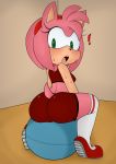  2018 amy_rose anthro big_butt bike_shorts blush breasts butt camel_toe clothed clothing colored eyelashes female footwear green_eyes hair hairband hearlesssoul hedgehog hi_res legwear long_socks looking_at_viewer looking_back mammal open_mouth pussy shoes short_hair shorts simple_background solo sonic_(series) spandex stockings surprise sweat tight_clothing video_games white_background yoga_ball 