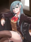  aqua_eyes aqua_hair ascot bad_leg bangs blush breasts brown_legwear cardigan collarbone collared_shirt commentary_request couch crossed_legs earrings elbow_rest eyebrows_visible_through_hair gesugao hair_between_eyes hair_ornament hairclip highres indoors jacket jewelry kantai_collection large_breasts long_hair looking_at_viewer nail_polish open_cardigan open_clothes pleated_skirt remodel_(kantai_collection) shirt sidelocks sitting skirt smile solo stud_earrings suzuya_(kantai_collection) thighhighs thighs v_r_dragon01 vest white_shirt window 