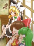  ^_^ ascot bad_id bad_twitter_id blonde_hair blouse blurry blush braid brown_eyes brown_hair closed_eyes commentary depth_of_field double-breasted frown green_hair hakurei_reimu hakurei_shrine hat jealous kirisame_marisa kochiya_sanae laughing long_hair mary_janes multiple_girls natsune_ilasuto pout shoes side_braid signature single_braid sitting skirt skirt_set touhou v-shaped_eyebrows vest witch_hat yellow_neckwear 