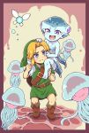  1girl :d blue_eyes blue_skin blush carrying commentary_request fairy fang fish_girl full_body highres link looking_at_another monster_girl navi nazonazo_(nazonazot) open_mouth pointy_ears princess_ruto purple_eyes shoulder_carry smile the_legend_of_zelda the_legend_of_zelda:_ocarina_of_time v-shaped_eyebrows young_link zora 