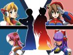  4girls alia_(rockman) bangs blonde_hair blue_eyes blush brown_hair capcom fringe green_eyes hair_between_eyes hair_over_eyes hat headgear headphones iris_(rockman_x) layer long_hair mole multiple_girls nana_(rockman) open_mouth pink_hair purple_hair rockman rockman_x short_hair sidelocks silhouette smile ticktank two-tone_hair x_(rockman) zero_(rockman) 