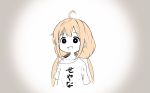  ahoge black_eyes blonde_hair bright_pupils clothes_writing commentary futaba_anzu greatpengh grey_background idolmaster idolmaster_cinderella_girls long_hair low_twintails nandemo_iu_koto_wo_kiite_kureru_akane-chan_(voiceroid) off_shoulder open_mouth parody shirt simple_background smile solo t-shirt twintails white_shirt 