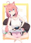  :o ahoge animal_ear_fluff animal_ears barefoot bike_shorts black_choker black_shorts blue_eyes cat_ears choker commentary controller dualshock eyebrows_visible_through_hair game_controller gamepad hair_bobbles hair_ornament highres hinata_channel indian_style long_hair looking_at_viewer nekomiya_hinata off_shoulder open_mouth pillow pink_hair shirt shorts sitting sleeveless solo twintails virtual_youtuber white_shirt yukarite 