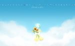  alternate_costume androgynous blue_sky blurry closed_eyes cloud colored_eyelashes copyright_name day dress facing_viewer flower green_hair happy highres holding holding_flower houseki_no_kuni mydeerwitch phosphophyllite shards short_hair sky smile sparkle standing sunflower yellow_dress 