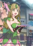  1girl alternate_costume bare_shoulders blush bow breasts center_opening cleavage cleavage_cutout commentary_request cosplay cowboy_shot dress eyebrows eyebrows_visible_through_hair fang fingerless_gloves forehead_jewel gloves green_bow green_dress green_eyes groin hair_down hair_ornament highres inuyama_aoi large_breasts leaning_forward long_hair open_mouth panties panty_peek paper riesz riesz_(cosplay) seiken_densetsu seiken_densetsu_3 smile solo standing text_focus thick_eyebrows translated underwear white_panties yurucamp 