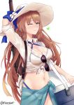  absurdres alternate_costume blush bolt_action breasts brown_hair cleavage collared_shirt cooler eyebrows_visible_through_hair girls_frontline green_eyes gun hair_between_eyes hand_on_headwear hat heart highres large_breasts long_hair looking_at_viewer m1903_springfield m1903_springfield_(girls_frontline) navel nixour one_eye_closed over_shoulder parted_lips ribbon rifle sarong see-through shirt sidelocks simple_background sleeves_rolled_up smile solo stomach strap sun_hat sunglasses swimsuit tied_shirt twitter_username water_drop weapon weapon_over_shoulder wet wet_clothes white_background 