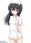  black_hair blush breasts brown_eyes flipper girls_und_panzer hat looking_at_viewer nurse nurse_cap reizei_mako simple_background small_breasts solo thighhighs white_background white_legwear 