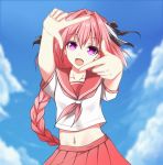  :d astolfo_(fate) bangs black_bow blue_sky blurry bow braid chinese_commentary cloud cloudy_sky collarbone commentary_request crop_top crop_top_overhang day depth_of_field eyebrows_visible_through_hair eyelashes fang fate/apocrypha fate/grand_order fate_(series) finger_frame foreshortening hair_between_eyes hair_bow hair_intakes hands_up happy head_tilt long_hair looking_at_viewer male_focus multicolored_hair navel neckerchief open_mouth otoko_no_ko outdoors outstretched_arms pink_hair pink_neckwear pleated_skirt purple_eyes qingchen_(694757286) raised_eyebrows red_sailor_collar red_skirt sailor_collar school_uniform serafuku shirt short_sleeves single_braid skirt sky sleeve_cuffs smile solo standing stomach streaked_hair two-tone_hair upper_body white_hair white_shirt 