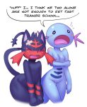  2018 anthro anthrofied black_fur blue_body blush breasts crying duo elpatrixf english_text eyes_closed female fur litten male nintendo nipples nude open_mouth pok&eacute;mon pok&eacute;mon_(species) pussy red_fur simple_background standing tears text video_games white_background wooper 