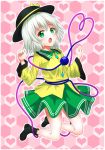  :o breasts commentary_request eyebrows_visible_through_hair full_body green_eyes grey_hair heart heart_background heart_of_string highres honeycomb_(pattern) honeycomb_background komeiji_koishi midair pink_heart short_hair small_breasts solo third_eye touhou yomoguro 