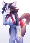  2017 4_fingers anthro aruurara big_breasts bikini black_nose breasts brown_fur brown_hair canine cleavage clothed clothing covering_mouth eyelashes female front_view fur gift_wrapped hair hi_res leaning leaning_forward looking_aside mammal multicolored_fur portrait red_eyes ribbons simple_background skimpy solo standing swimsuit three-quarter_portrait two_tone_fur white_background white_fur 