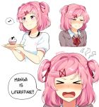  &gt;_&lt; animal_print artist_name bangs blazer blush casual cat_print closed_eyes closed_mouth collarbone commentary crying crying_with_eyes_open cupcake d: doki_doki_literature_club dx english_commentary facing_viewer fang food grey_jacket hair_ornament hairclip half-closed_eyes holding holding_plate jacket long_sleeves looking_to_the_side multiple_views musical_note natsuki_(doki_doki_literature_club) no_legs nose_blush open_mouth pink_eyes pink_hair plate portrait ribbon riifumu school_uniform shirt short_hair short_sleeves simple_background smile source_quote speech_bubble spoken_musical_note tears two_side_up upper_body wavy_mouth white_background white_shirt wing_collar 