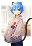  animal_ears ayamy bad_revision bangs blue_eyes blue_hair blunt_bangs blush cat_ears cat_tail closed_mouth downscaled_revision eyebrows_visible_through_hair fake_animal_ears fake_tail hair_ornament hair_over_one_eye highres long_sleeves looking_at_viewer md5_mismatch re:zero_kara_hajimeru_isekai_seikatsu rem_(re:zero) short_hair smile solo standing tail upper_body x_hair_ornament 