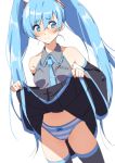  ass_visible_through_thighs bad_id bad_pixiv_id bare_shoulders blue_eyes blue_hair blue_neckwear blush bow bow_panties breasts detached_sleeves eyebrows_visible_through_hair feet_out_of_frame hair_between_eyes hair_ornament hatsune_miku lifted_by_self long_hair looking_at_viewer necktie panties senjitsu_musou simple_background skirt skirt_lift small_breasts solo striped striped_panties thighhighs tie_clip twintails underwear very_long_hair vocaloid white_background wide_sleeves 