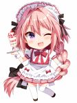  ;d alternate_costume astolfo_(fate) black_ribbon blush braid enmaided fang fate/apocrypha fate/grand_order fate_(series) full_body hair_ribbon long_hair looking_to_the_side maid maid_headdress male_focus one_eye_closed open_mouth otoko_no_ko pink_hair purple_eyes ribbon simple_background single_braid skirt smile solo thighhighs tsukudani_norio very_long_hair white_background white_legwear white_skirt 