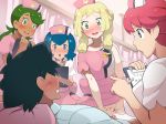  4girls :d :o bangs bar_censor black_hair blue_eyes blue_hair blunt_bangs blush boris_(noborhys) braid breasts censored clipboard clothed_sex cowgirl_position dark_skin employee_uniform girl_on_top green_eyes green_hair hat highres joy_(pokemon) large_breasts lillie_(pokemon) low_twintails lying mao_(pokemon) multiple_girls no_eyes nurse nurse_cap on_back open_mouth pale_skin penis pillow pink_hair pointless_censoring pokemon pokemon_(anime) pokemon_sm_(anime) pussy satoshi_(pokemon) sex short_sleeves small_breasts smile straddling suiren_(pokemon) surprised sweatdrop swept_bangs textless twin_braids twintails uniform vaginal 