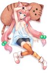  ahoge animal_ear_fluff animal_ears arm_on_head arm_up armpits bare_shoulders bike_shorts blue_eyes blush boots cat_ears choker collarbone flat_chest hair_bobbles hair_ornament highres hinata_channel knees_together_feet_apart long_hair low_twintails lying mismatched_legwear nekomiya_hinata no_nipples on_back open_mouth orange_legwear pink_hair shorts simple_background solo strap_slip striped striped_legwear stuffed_toy thighhighs twintails vest virtual_youtuber watch white_background white_footwear white_vest wristwatch yoruda 