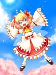  :d akira_(salmo-tora-ke) arms_up ascot black_footwear blonde_hair blue_eyes blue_sky cherry_blossoms cloud cloudy_sky commentary_request day fairy_wings fangs flying full_body hair_between_eyes hair_ribbon headdress light_rays long_sleeves looking_at_viewer mary_janes open_mouth outdoors outstretched_arms outstretched_leg petals petticoat red_ribbon red_skirt ribbon ribbon-trimmed_sleeves ribbon_trim sash shirt shoes skirt sky smile socks solo sun sunlight sunny_milk tongue touhou two_side_up v-shaped_eyebrows white_legwear white_shirt wide_sleeves wings yellow_neckwear 