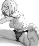  aoi_chizuru barefoot blurry blush breasts buruma cameltoe crotch depth_of_field feet focused from_side greyscale groin_tendon gym_uniform hair_ornament hair_over_one_eye hairclip hamakaze_(kantai_collection) kantai_collection large_breasts legs_apart looking_at_viewer monochrome profile shadow short_hair short_sleeves sketch soles solo stretch toes 