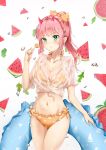  :/ bangs bikini bikini_under_clothes blue_innertube blunt_bangs bow breasts bright_pupils candy cleavage closed_mouth collarbone cowboy_shot darling_in_the_franxx eyebrows_visible_through_hair floral_print food freckles fruit hair_bow halter_top halterneck highres holding holding_food horns innertube lollipop long_hair looking_at_viewer medium_breasts no_hairband orange_bikini orange_bow ponytail print_bikini see-through shiny shiny_hair shiny_skin shirt short_sleeves side-tie_bikini solo sparkle standing swimsuit thighs tied_shirt water water_drop watermelon watermelon_seeds wet wet_clothes wet_shirt white_background white_shirt yuuki_mix zero_two_(darling_in_the_franxx) 