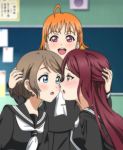  3girls ahoge blue_eyes blush brown_hair classroom hair_ornament highres holding imminent_kiss indoors long_hair love_live! love_live!_school_idol_project love_live!_sunshine!! multiple_girls neckerchief official_style open_mouth orange_hair purple_eyes red_hair sailor_collar sakurauchi_riko school_uniform serafuku short_hair showers-u takami_chika upper_body watanabe_you yellow_eyes yuri 