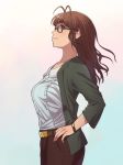  akizuki_ritsuko antenna_hair belt blouse brown_eyes brown_hair chiaki_rakutarou commentary_request fashion glasses hand_on_hip highres idolmaster idolmaster_(classic) jacket long_hair open_clothes open_jacket pants rectangular_eyewear solo watch wristwatch 