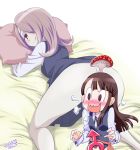  2girls bed bent_over blush breasts brown_eyes brown_hair come_hither excited futanari hair_over_one_eye kagari_atsuko kamirenjaku_sanpei little_witch_academia mars_symbol multiple_girls mushroom on_bed pillow presenting purple_hair red_eyes saliva small_breasts smile spread_legs sucy_manbavaran 