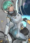  aqua_eyes aqua_hair ariverkao ass bodysuit breasts closed_mouth from_behind gloves headphones large_breasts looking_at_viewer original planet short_hair sitting skin_tight solo space spacesuit 