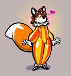  &lt;3 2017 5_fingers a. animate_inanimate anthro banderi black_nose brown_hair bulge canine clothed clothing clown costume digital_drawing_(artwork) digital_media_(artwork) dipstick_tail fox gloves hair inflatable living_inflatable long_tail male mammal multicolored_tail rubber shiny simple_background smile solo standing striped_clothing stripes 