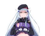  1girl bangs black_hat blunt_bangs breasts clenched_teeth clothes_writing cross_hair_ornament eyebrows_visible_through_hair facial_mark girls_frontline gloves hair_ornament hat high_collar hk416_(girls_frontline) iron_cross long_hair long_sleeves medium_breasts motion_lines navel nipple_slip nipples no_bra open_mouth out-of-frame_censoring plaid plaid_skirt purple_skirt saliva shaded_face shiny shiny_hair simple_background skirt solo straight_hair sweat takanaru tearing_up tears teeth torn_clothes upper_body upper_teeth very_long_hair white_background white_gloves 
