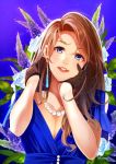  artist_name black_eyes blue_dress breasts brown_hair cleavage commentary commentary_request dress earrings fishnet_gloves fishnets flower gloves half_gloves hand_on_head hand_on_own_head jewelry large_breasts leaf light_smile long_hair looking_at_viewer necklace open_mouth original partial_commentary pearl pearl_necklace retsuna rose signature smile solo upper_body 
