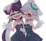 2girls aori_(splatoon) black_dress black_hair black_jumpsuit brown_eyes closed_eyes commentary_request cousins cowboy_shot detached_collar domino_mask dress earrings english fangs food food_on_head gloves gomi_(kaiwaresan44) grey_hair hotaru_(splatoon) jewelry long_hair looking_at_viewer mask mole mole_under_eye multiple_girls object_on_head open_mouth parted_lips short_dress short_hair short_jumpsuit simple_background smile splatoon_(series) splatoon_1 standing strapless strapless_dress sushi tentacle_hair thank_you waving white_background white_gloves 