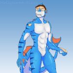  2013 5_fingers abs anthro blue_background blue_eyes blue_pupils brown_hair bulge claws digital_drawing_(artwork) digital_media_(artwork) fish goo_transformation gradient_background hair hi_res hollywoodblues male mammal marine markings muscular muscular_male nude shark simple_background solo stripes transformation 