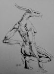  breasts butt crouching fangs female hime_(artist) horn ink monochrome monster multi_eye not_furry nude simple_background traditional_media_(artwork) 