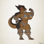  anthro big_breasts bra breasts clothed clothing eddy-boy female flexing huge_breasts kobold looking_at_viewer muscular muscular_female open_mouth skimpy smile solo standing thick_thighs underwear voluptuous 