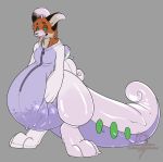 2017 3_toes alteia ambiguous_gender anthro belly big_belly big_tail black_fur canine clothed clothing costume crimsoneclipse digital_drawing_(artwork) digital_media_(artwork) dragon fox fur goodra grey_background hi_res hypnosis mammal mind_control multicolored_fur nintendo open_mouth pok&eacute;mon pok&eacute;mon_(species) rubber shiny simple_background smile solo spiral spiral_eyes standing teeth toes tongue tongue_out transformation video_games zipper 