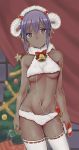  bangs bare_arms bare_shoulders bell breasts christmas dark_skin eyebrows_visible_through_hair fate/grand_order fate_(series) fur_collar hair_between_eyes hassan_of_serenity_(fate) horns looking_at_viewer medium_breasts merry_sheep panties purple_eyes purple_hair rinkuruto sheep_horns signature solo thighhighs thread underwear unraveling white_legwear white_panties 