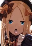  1girl abigail_williams_(fate/grand_order) artist_name bangs black_bow black_dress black_hat blonde_hair blue_eyes bow cum cum_in_mouth dress dyolf fate/grand_order fate_(series) forehead hair_bow hat head_tilt long_hair long_sleeves open_mouth orange_bow parted_bangs photoshop polka_dot polka_dot_bow simple_background sleeves_past_fingers sleeves_past_wrists solo tongue tongue_out translated white_background 