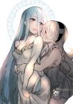  aqua_(fire_emblem_if) blue_hair blush breasts cleavage commentary_request female_my_unit_(fire_emblem_if) fire_emblem fire_emblem_if hairband hug hug_from_behind long_hair medium_breasts multiple_girls musical_note my_unit_(fire_emblem_if) negiwo pointy_ears simple_background very_long_hair 