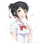  adore_(adoredesu) black_hair blush bow bowtie brown_eyes collared_shirt commentary hair_ribbon hand_on_own_chest highres kimi_no_na_wa miyamizu_mitsuha necktie open_collar open_mouth red_ribbon ribbon school_uniform shirt short_sleeves simple_background solo tied_hair twitter_username visible_ears white_background white_shirt 