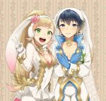  1girl alfonse_(fire_emblem) alternate_costume animal_ears blonde_hair blue_eyes blue_gloves blue_hair breasts brother_and_sister bunny_ears cleavage commentary cowboy_shot crossed_arms double_v fake_animal_ears fire_emblem fire_emblem_heroes gloves green_eyes long_hair meimone multicolored_hair open_mouth pectorals sharena short_hair siblings small_breasts smile sweatdrop two-tone_hair v white_gloves 