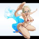 bikini blonde_hair blue_eyes breasts cleavage commentary_request elf fang forehead glasses huge_breasts miyacchi_(tatakituke) original pointy_ears short_hair solo swimsuit thong 