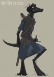  armor bag black_scales claws clothing dagger horn keebles kobold male melee_weapon scales scalie simple_background slit_pupils sword weapon yellow_eyes 