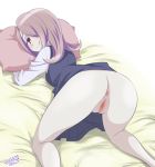  1girl anus ass bed bent_over blush breasts censored come_hither hair_over_one_eye kamirenjaku_sanpei little_witch_academia on_bed pillow presenting purple_hair red_eyes small_breasts smile solo spread_legs sucy_manbavaran 