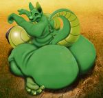  anthro areola big_breasts big_butt breasts butt female grass huge_breasts huge_butt hybrid hyper hyper_breasts hyper_butt inu-jean kneeling looking_at_viewer looking_back nipples nude obese overweight scalie smile solo 