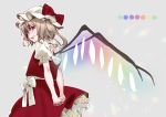  arms_behind_back blonde_hair bow cowboy_shot eyebrows_visible_through_hair flandre_scarlet frilled_shirt_collar frills from_behind grey_background grin hat hat_bow highres kamiyama_aya looking_at_viewer looking_back mob_cap petticoat puffy_short_sleeves puffy_sleeves red_bow red_eyes red_skirt red_vest short_hair short_sleeves side_ponytail signature simple_background skirt smile solo standing touhou vest white_bow wings 
