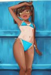 :d arm_at_side arm_up armpits bangs bikini blue blue_bikini brown_hair cameltoe fang flat_chest hai_ookami halter_top halterneck highres looking_at_viewer medium_hair navel one-piece_tan open_mouth original side-tie_bikini smile solo standing swept_bangs swimsuit tan tanline twintails yellow_eyes 